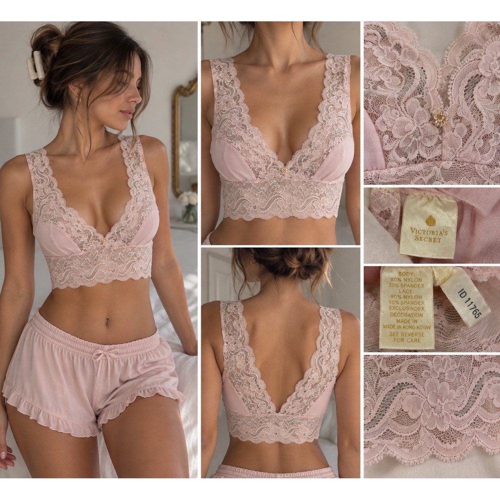 VTG Golden label Victorias Secret Pink Floral Lace Bralette V-Neck Longline